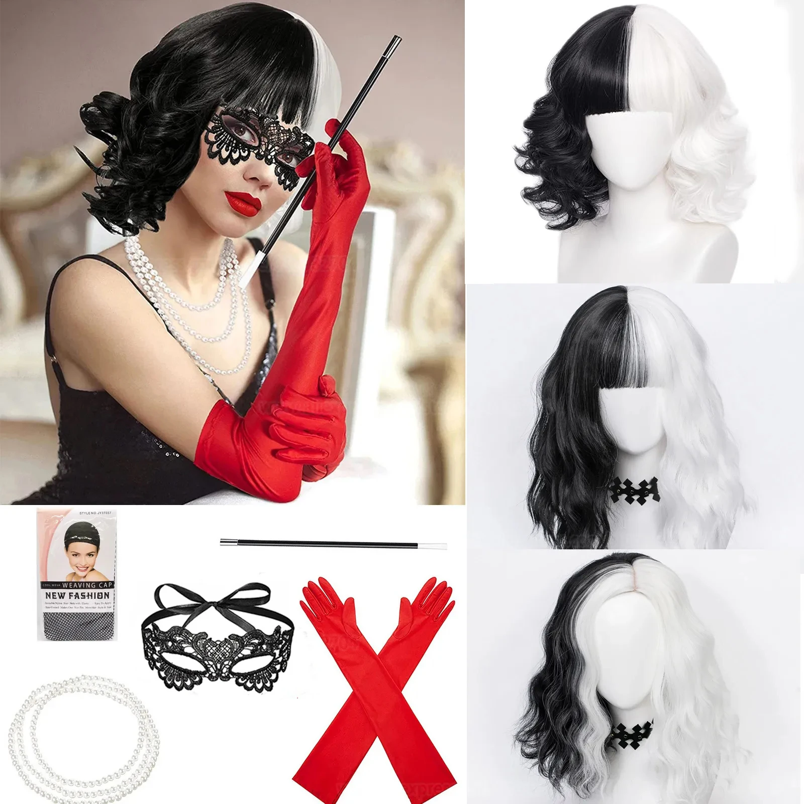 Heat Resistant Glove - Convention Anime Cruella de Vil Cosplay-Perücke,
